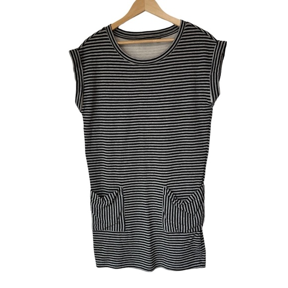 Athleta Ease Up Gray Black Stripe Sleeveless Dress, Small - Picture 2 of 12